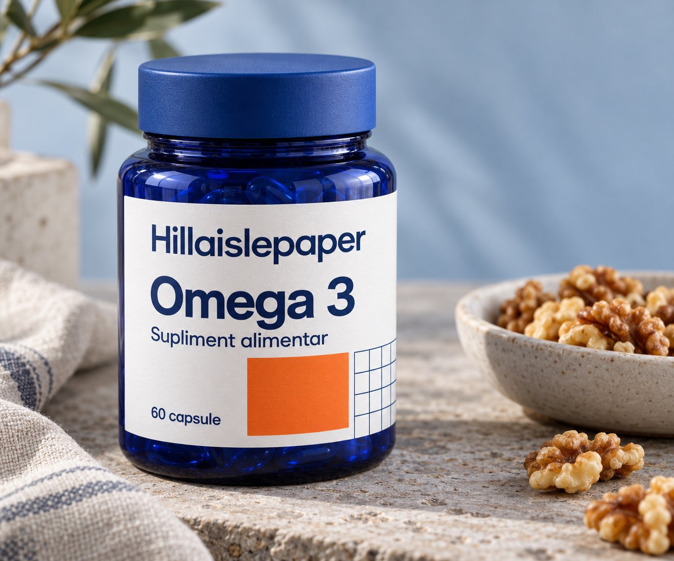 Alt unghi al flaconului Omega 3, lângă nuci